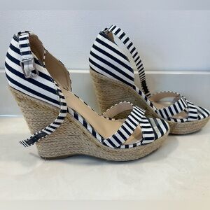 Nine West navy & white stripe platform espadrille wedge sandal with ankle strap